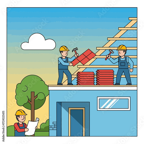 Construction workers building a house with bricks under a blue sky.