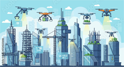 Drones fly over a futuristic city skyline delivering packages.