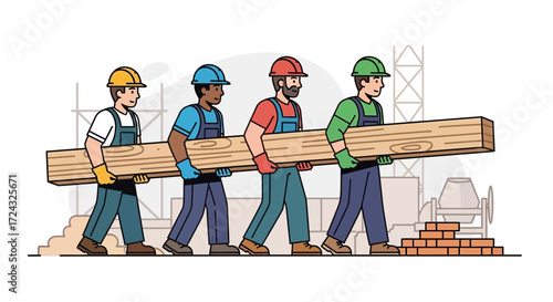 Four workers wearing hard hats carry a wooden beam at a construction site.