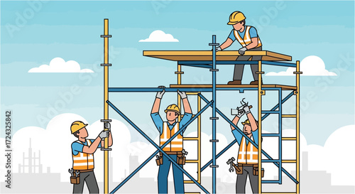 Construction workers on scaffolding building structure illustration against a blue sky background.