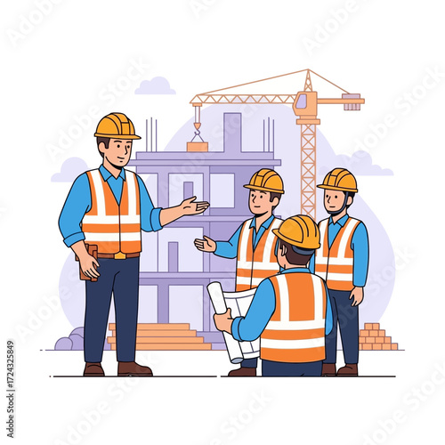 Construction workers wearing hard hats and vests near a building under construction.