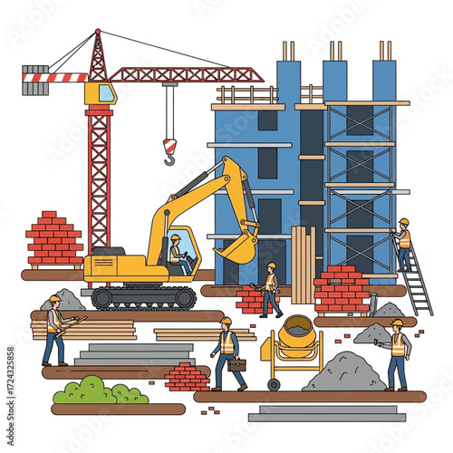 Construction site with crane excavator workers building materials and unfinished building.
