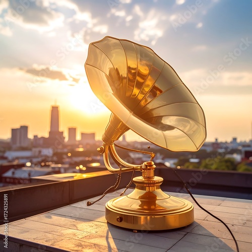Golden gramophone on rooftop at sunset