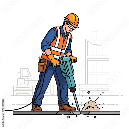 Construction worker using jackhammer on ground wearing hard hat and safety vest.