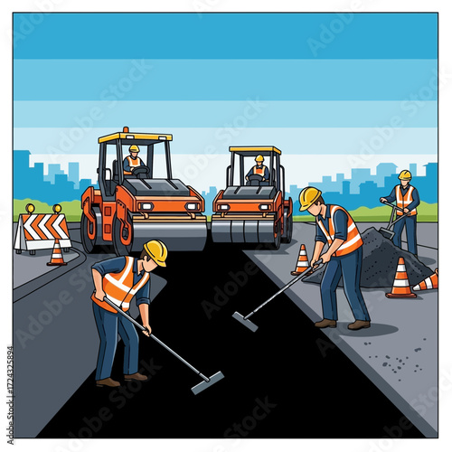 Road construction workers and machinery repairing asphalt road in an urban setting.