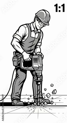 Illustration of construction worker using jackhammer on pavement wearing safety gear.
