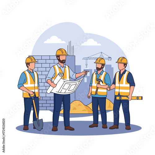 Four construction workers with hard hats vests and tools stand against a building backdrop.