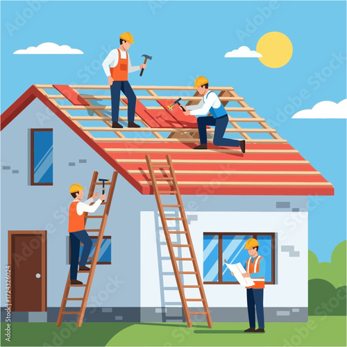 Four construction workers repair a house roof under a bright sun.