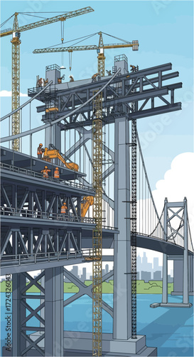 Bridge construction in progress with cranes and steel structures against a blue sky.