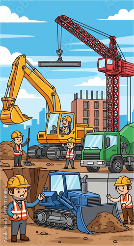 Cartoon construction site with workers heavy equipment and building under construction.