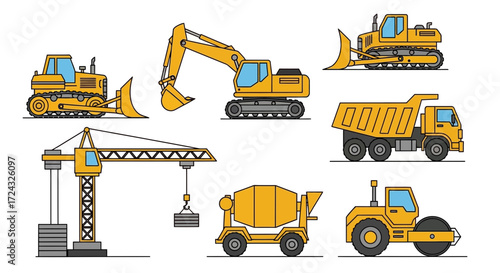 Various construction vehicles including bulldozer excavator crane mixer and truck on white.
