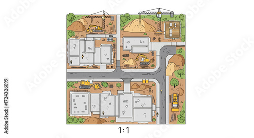 Aerial view illustration of a residential neighborhood with houses streets and greenery.