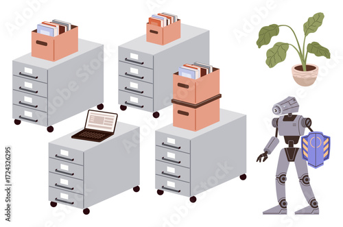 Filing cabinets filled with documents, robot holding data file, laptop on cabinet, and potted plant. Ideal for organization, automation, workplace tech, robotics, AI productivity simple flat