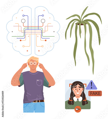 Man thinking with futuristic AI connection, plant representation, AI detecting deepfake visuals. Ideal for technology, ethical AI, creativity, learning, environment, innovation modern challenges
