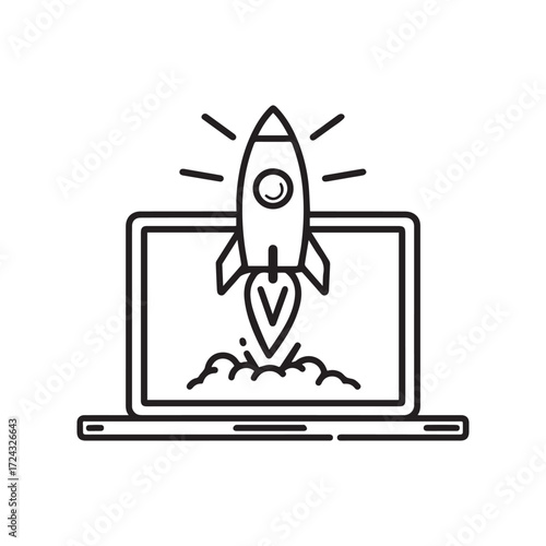 Rocket is launching from the laptop in black outline over a white background