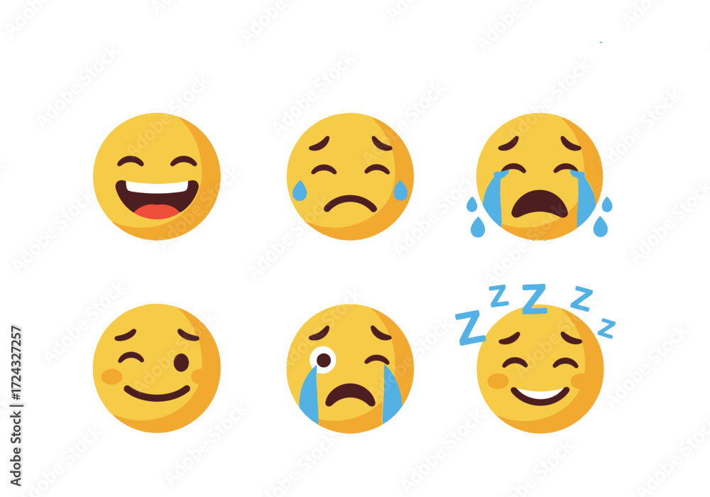 Fototapeta premium Collection of Six Diverse Yellow Emojis Expressing Different Emotions