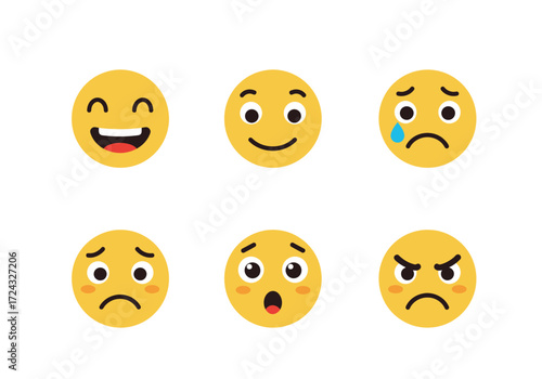 Collection of Six Yellow Emojis Showing Different Emotions