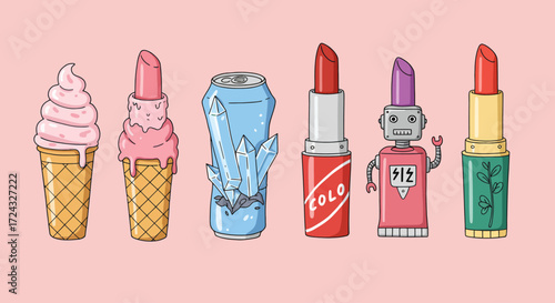 A creative collection of whimsical lipstick designs inspired by ice cream, soda, crystals, and robots.