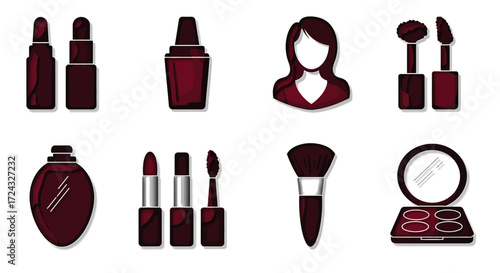 A collection of dark red makeup and cosmetic items arranged in a grid.