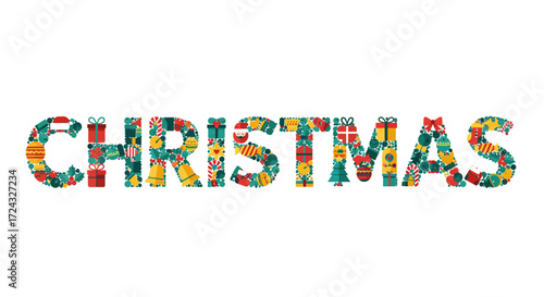 The word CHRISTMAS spelled out with each letter filled with colorful festive patterns and holiday icons on a clean white background.