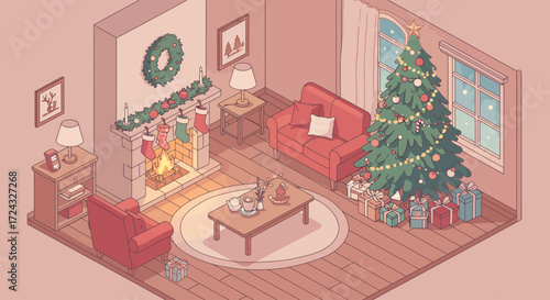 Cozy isometric living room decorated for Christmas with a fireplace, Christmas tree, and gifts.