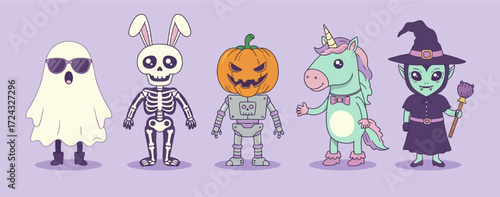 A collection of cute cartoon Halloween characters including a ghost, skeleton, pumpkin robot, unicorn, and witch.