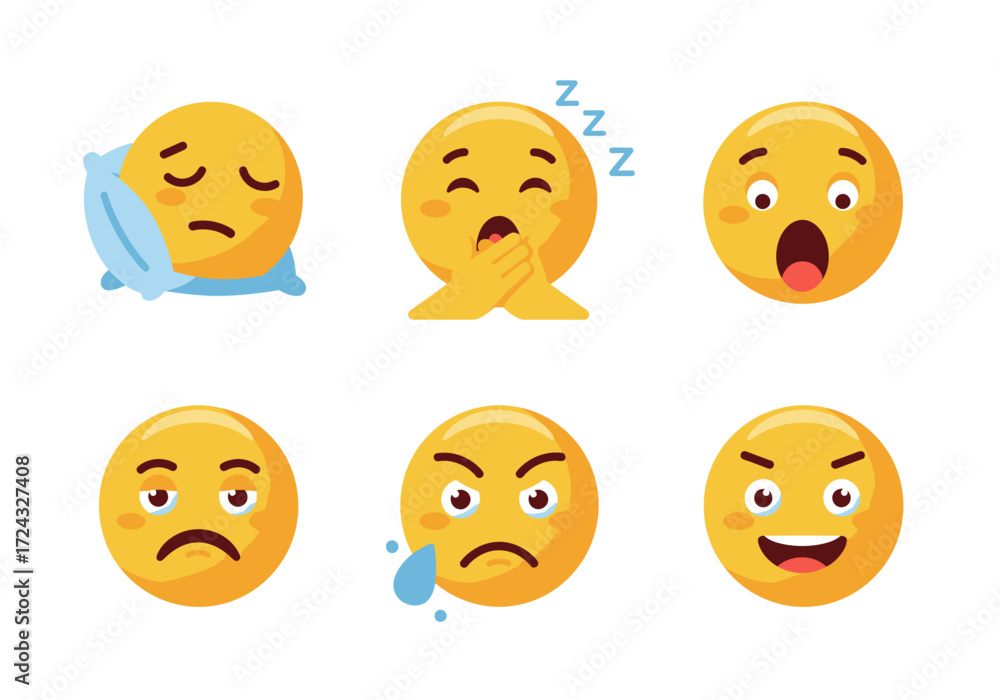 Fototapeta premium Set of Six Yellow Emojis Expressing Different Emotions