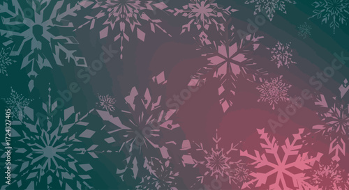 A festive winter background with intricate snowflake patterns on a dark teal and red gradient.