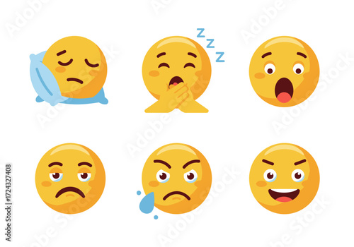 Set of Six Yellow Emojis Expressing Different Emotions