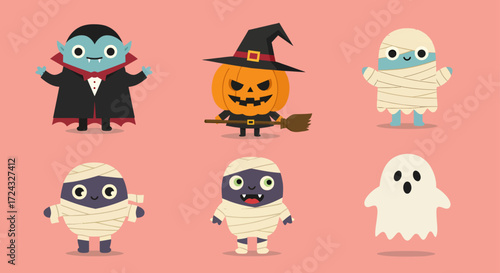 Cute cartoon Halloween characters including a vampire, pumpkin witch, mummies, and a ghost on a pink background.