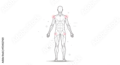 Anatomical illustration of a human body, highlighting areas of potential pain or injury.