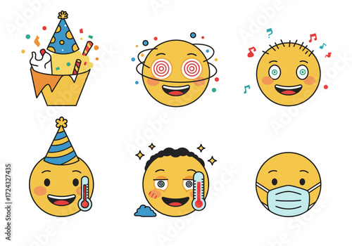 Diverse Emoji Illustration Set Depicting Emotions, Celebrations, and Health Conditions