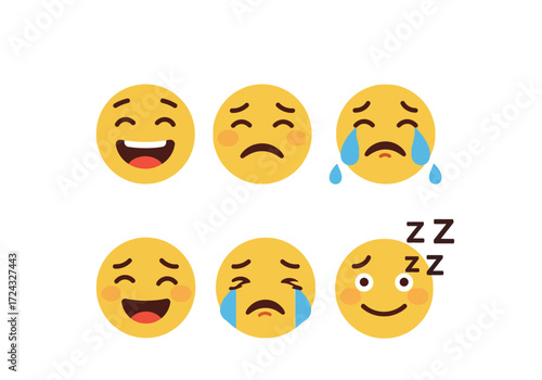 Collection of six yellow emoji faces expressing various emotions