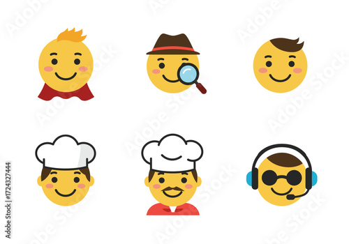 A diverse set of six cartoon emoticon avatars representing various characters and professions.