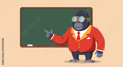 Cartoon gorilla teacher in a red suit pointing at a blank chalkboard.