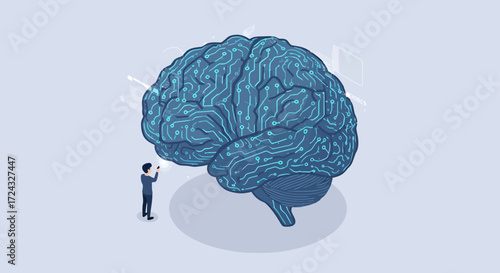 A person interacting with a large, detailed illustration of a brain, showcasing neural pathways and connections.