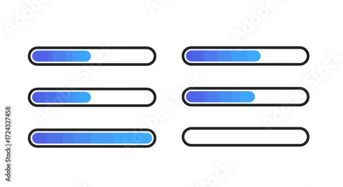 Set of six modern progress bars with blue gradients, illustrating different stages of loading or completion.