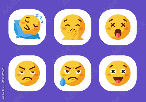 Collection of diverse yellow emoji faces expressing various emotions and states