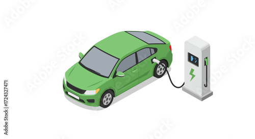 Green electric car connected to a charging station, illustrating sustainable transport.