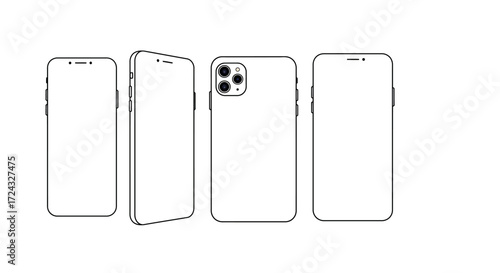 Four line drawings of a smartphone from different angles.