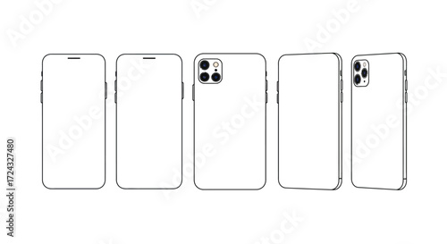 Five different perspectives of a modern smartphone design, showcasing its form factor and camera module.