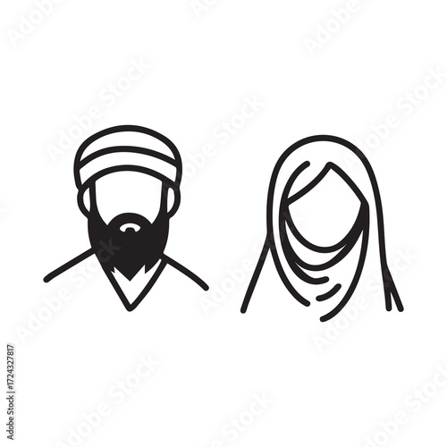 Simple outline showcases muslim man and woman wearing traditional head coverings against white background