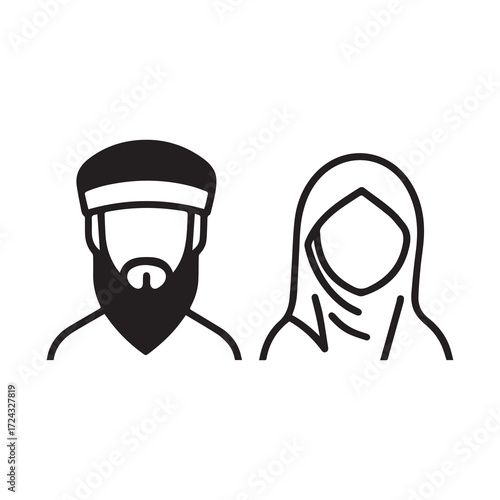 art depicts a man with beard and woman in hijab on white background