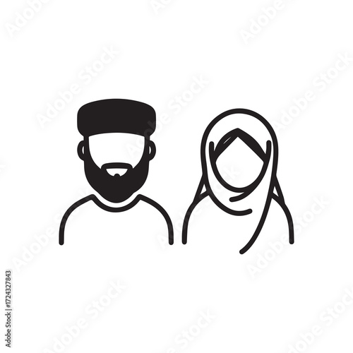 Black outline shows muslim man and woman in traditional head covering on white background