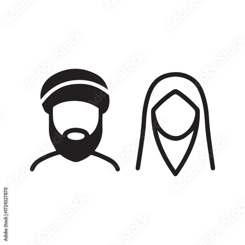 Black outlined arab man and woman with traditional head covering on white background