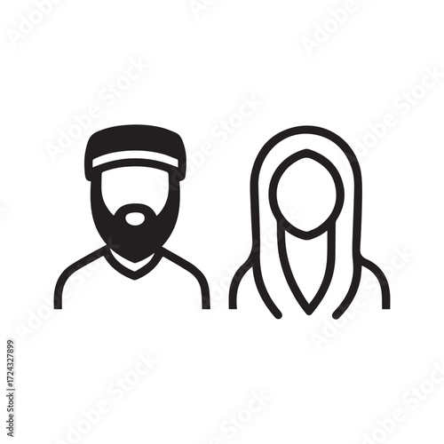 Black outlines show a man with beard and woman wearing hijab on white background