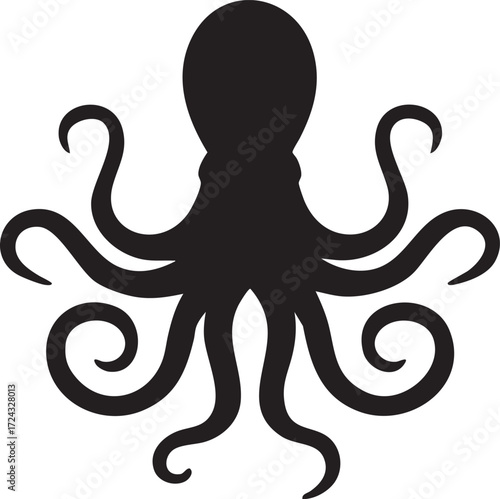 Stylized black octopus silhouette icon for marine life and ocean themes isolated on white background