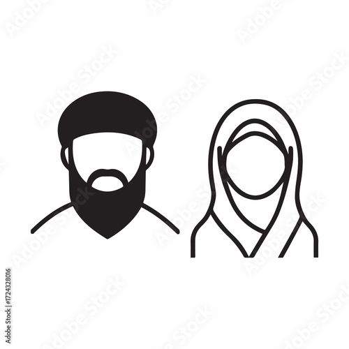Minimalist black outline presents muslim man and woman in religious attire on white