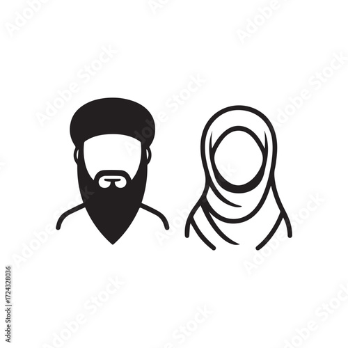 Middle eastern man with beard and islamic woman wearing hijab on white background