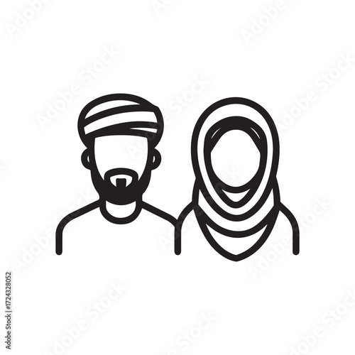 Minimalist shows middle eastern couple in traditional wear on white background